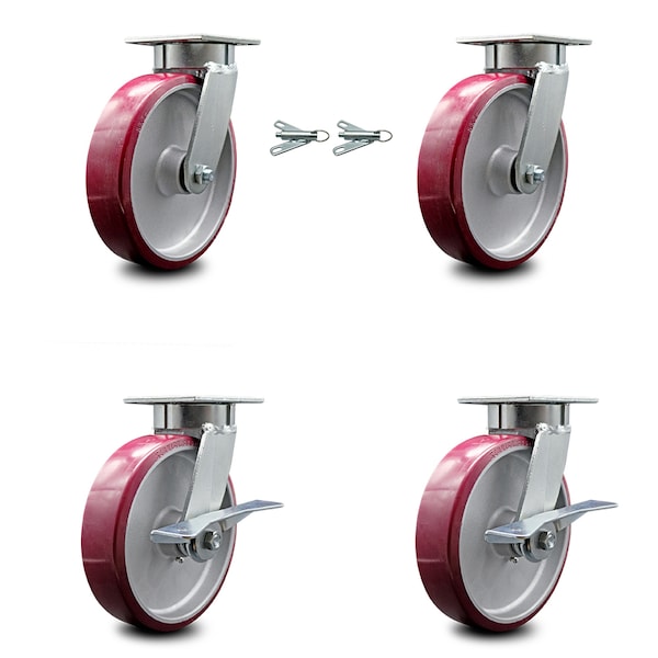 8 Inch Kingpinless Poly on Aluminum Wheel Caster Swivel Locks 2 Brakes SCC, 2PK